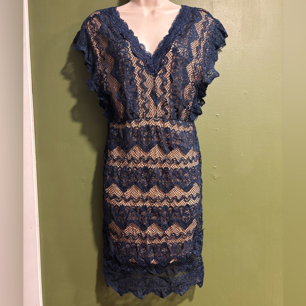 Lace V-Neck Dress in Navy and Beige Bandage Style Dress